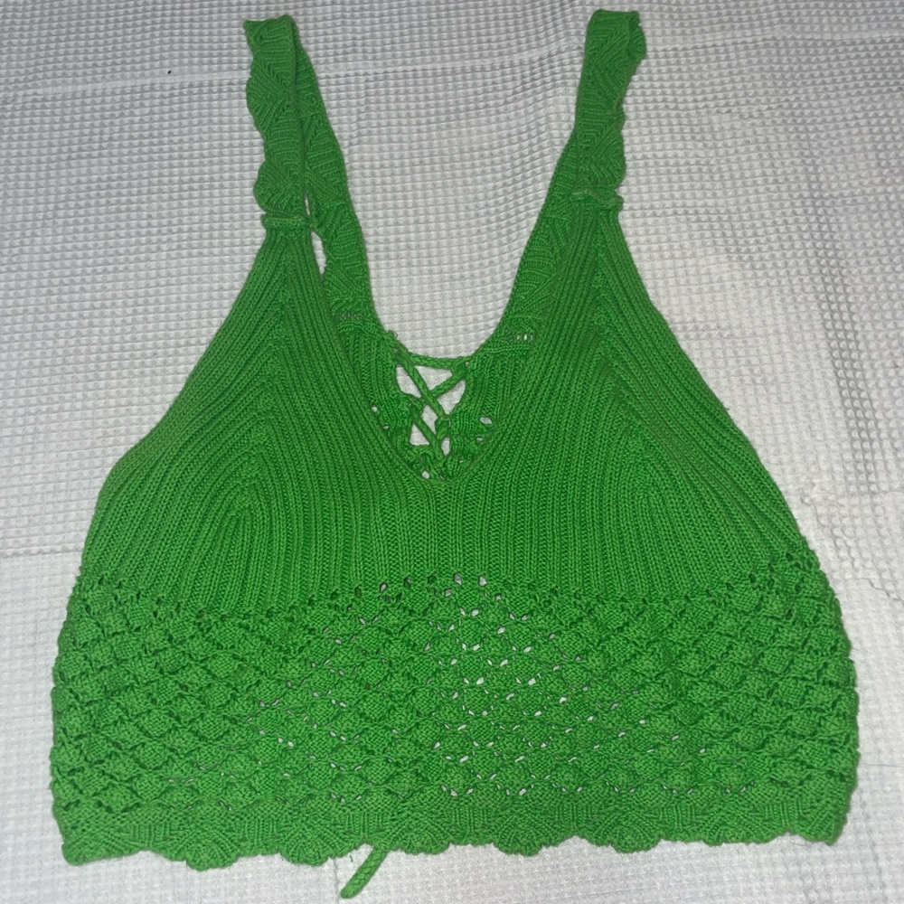 Green Spaghetti Strap Tied Crop Top